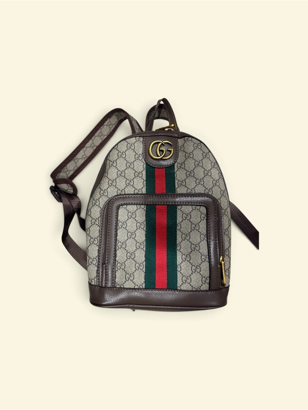 Gucci Brown GG Supreme Backpack with Green and Red Web
